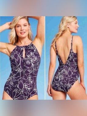 Aqua Green Purple Floral High Neck Keyhole One Piece Swimsuit Modest - Sz S